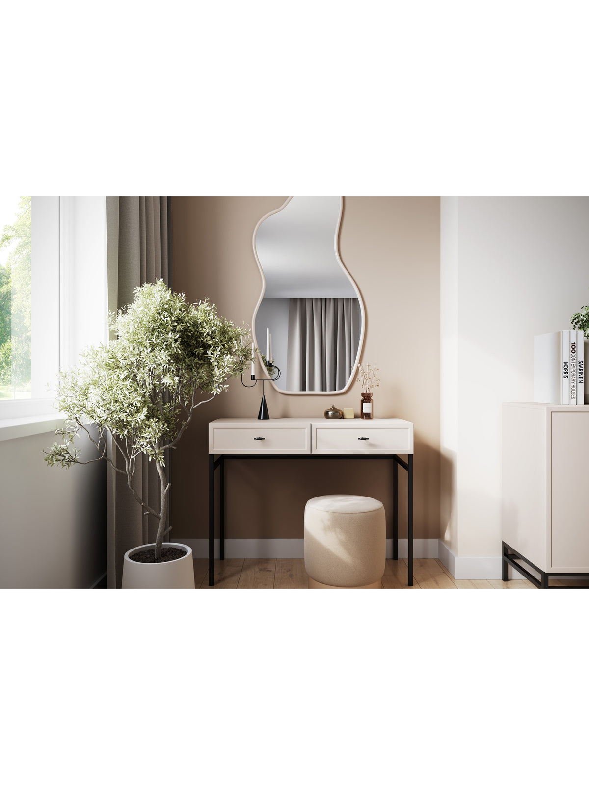 Toaletka Lorini 100 cm w kolorze kaszmir z czarnym metalowym stelażem i dwoma szufladami