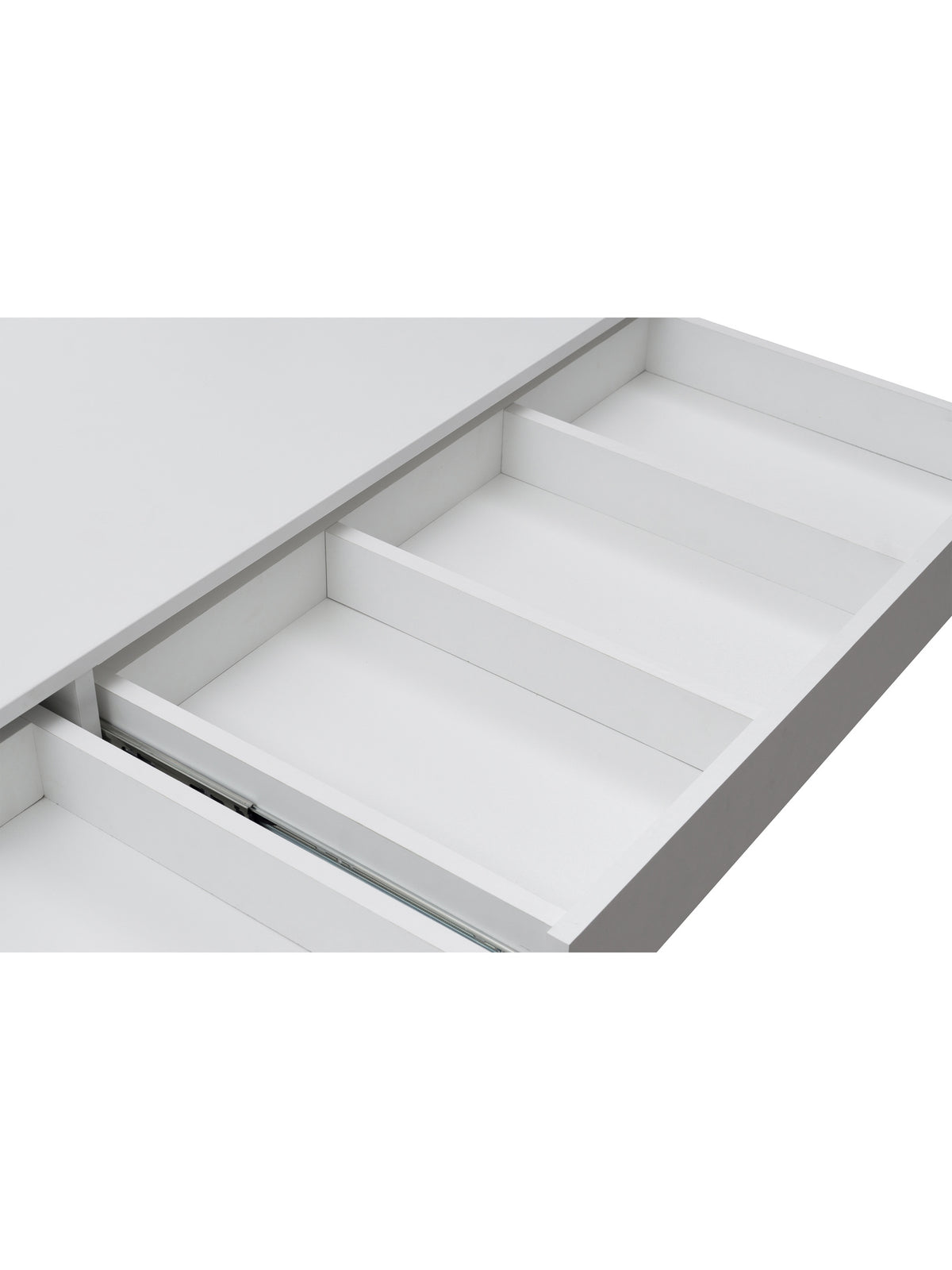 Toaletní stolek Velinio XL 120 cm s 5 bílými zásuvkami a LED osvětlením, pohled do zásuvky