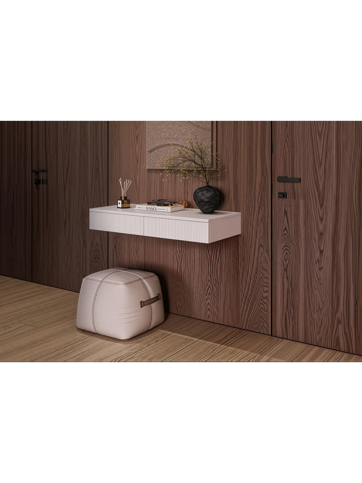 Závěsný toaletní stolek Nubo 97 cm kašmírový s dvěma zásuvkami, rýhovaný přední panel