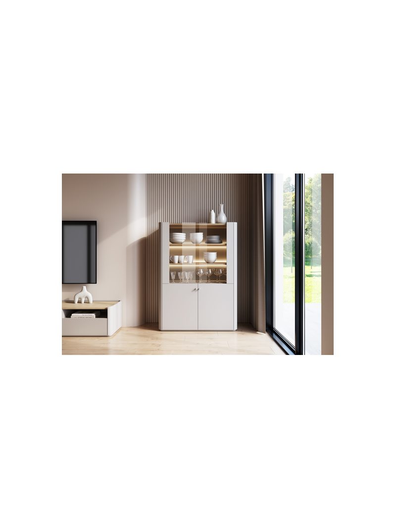 Vitrína Elivo 100 cm dvoudveřová kasmírová barva s dubovou deskou, moderní, s LED osvětlením