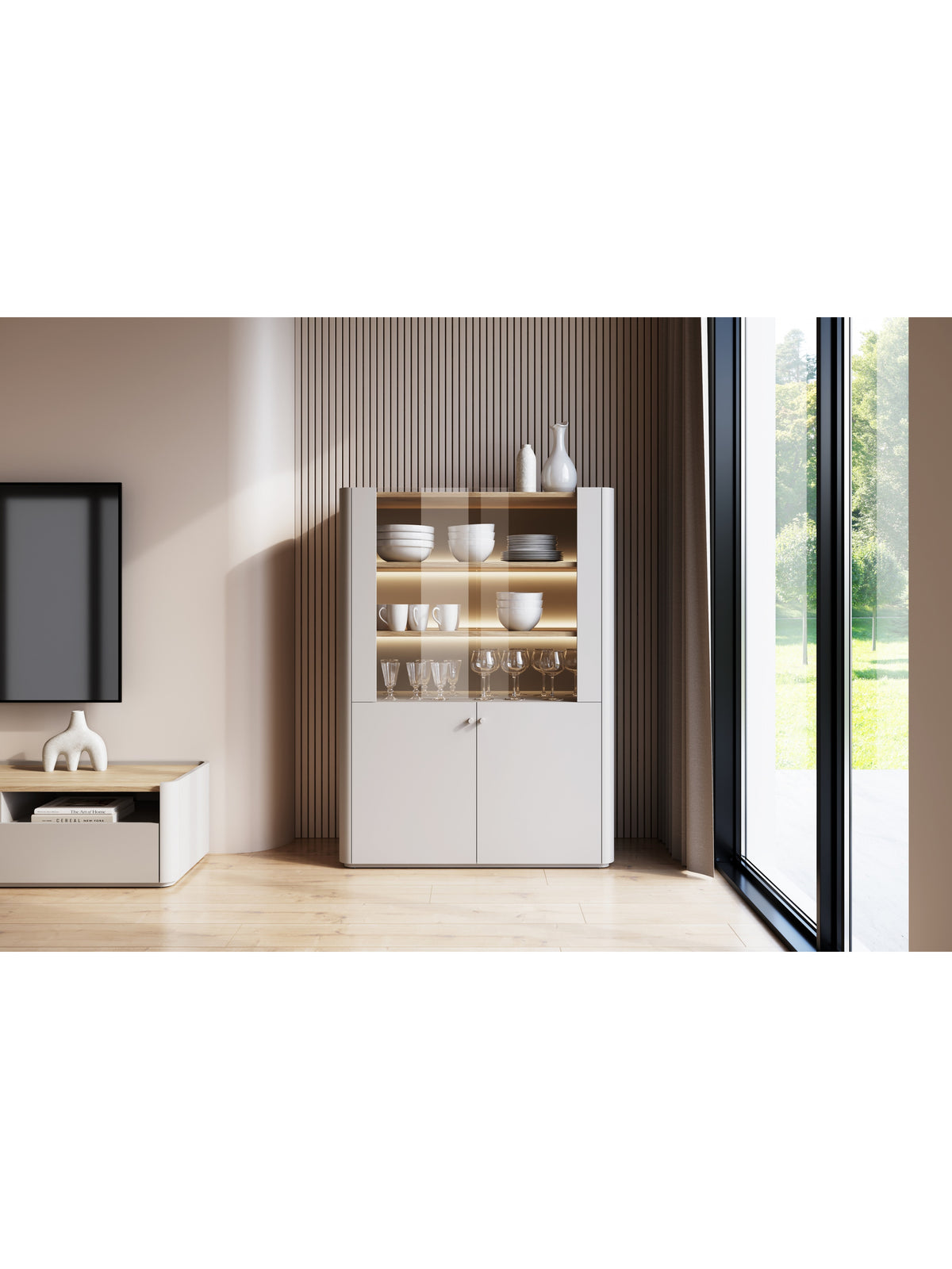 Vitrína Elivo 100 cm dvoudveřová kasmírová barva s dubovou deskou, moderní, s LED osvětlením