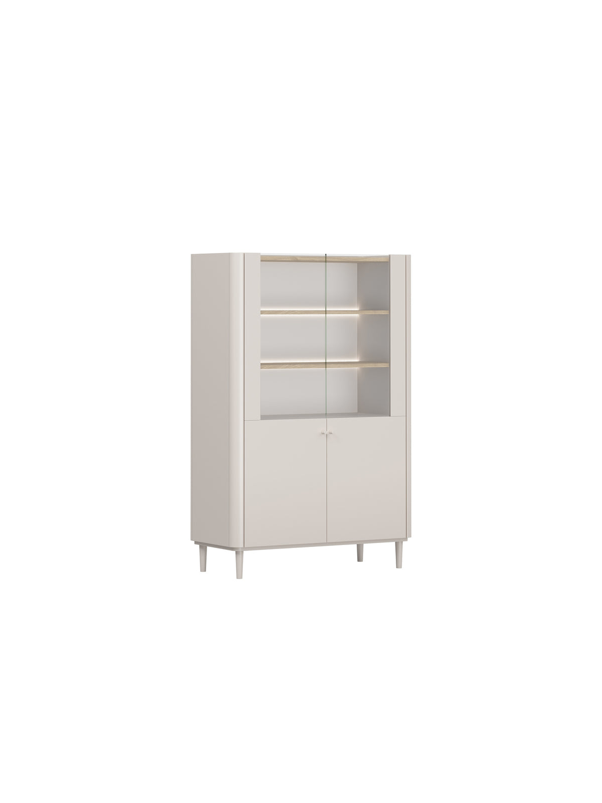 Dvoukřídlá vitrína Elivo 100 cm cashmere s dubovou deskou a LED osvětlením
