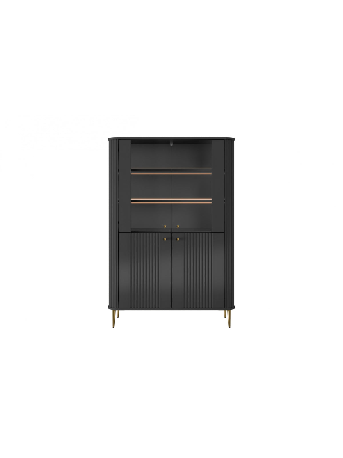 Černá vitrína Vesper 103 cm se čtyřmi dveřmi a zlatými nohami, ryhovaný přední panel
