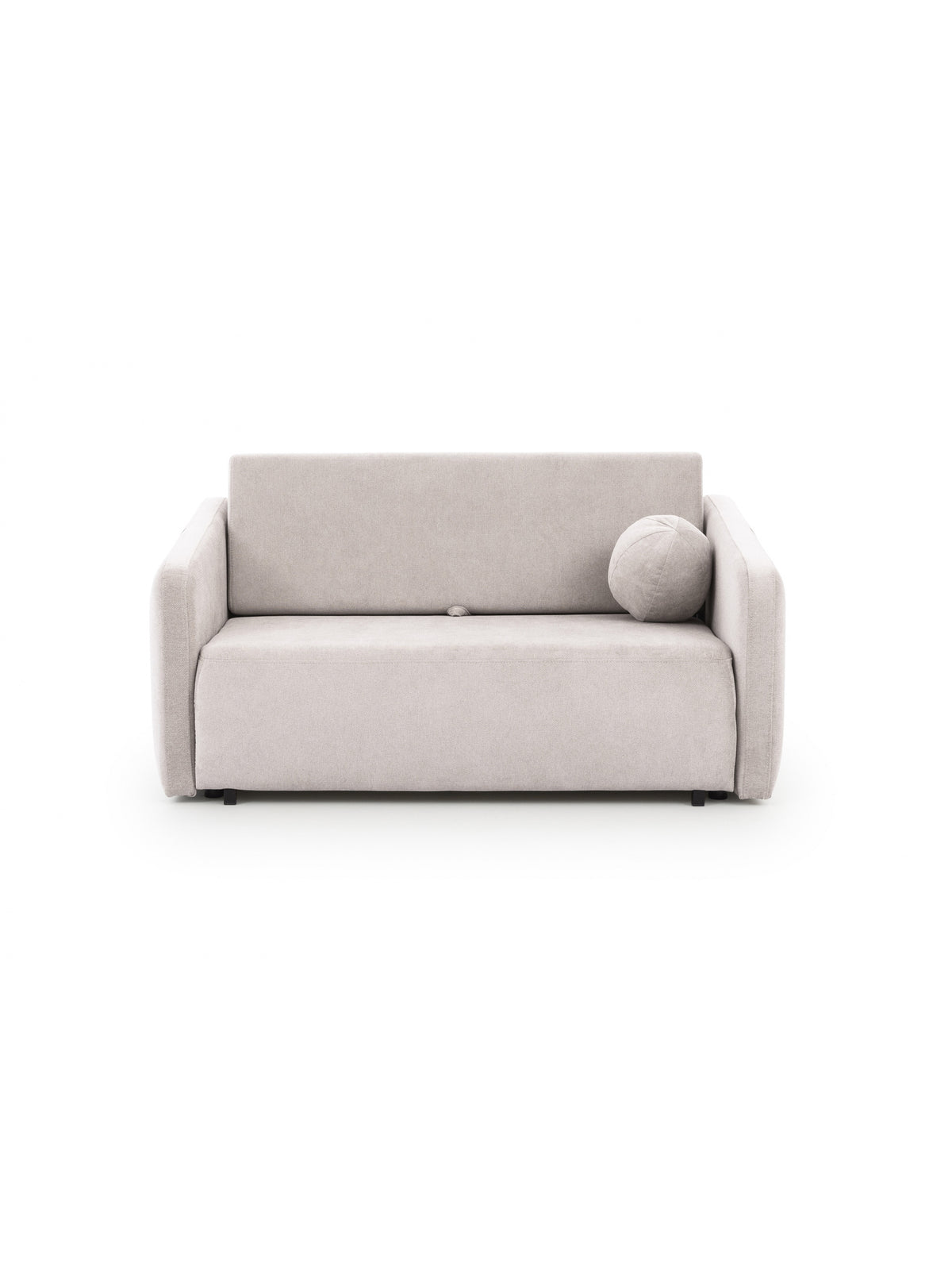 Sofa Zeldia 105 v světlé barvě s rozkládací funkcí a černými nohami, pohled zepředu
