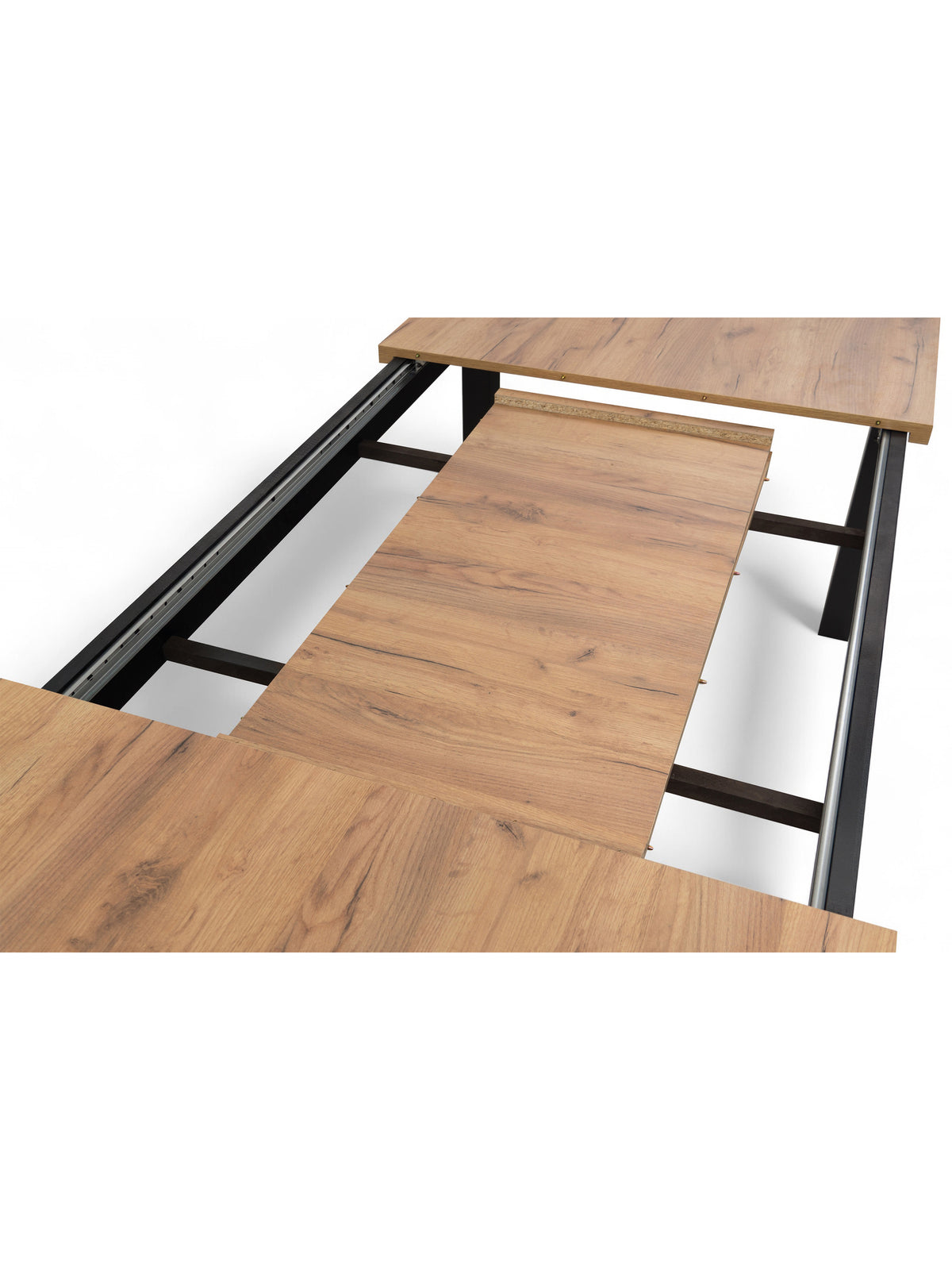 Rozkládací stůl Werona 160-240x90 cm s dubovým víkem Wotan a černými nohami, pohled na rozkládací mechanismus