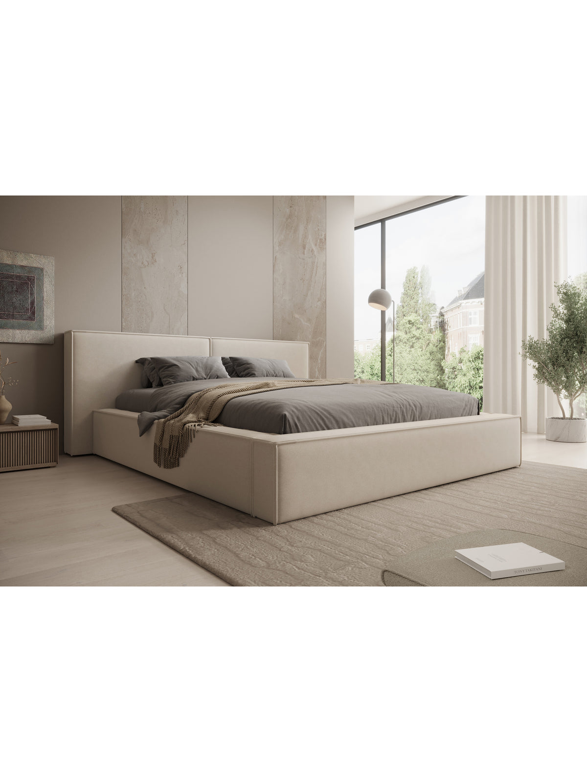 Čalouněná postel Molino 160x200 v jasném sametu s úložným prostorem do ložnice