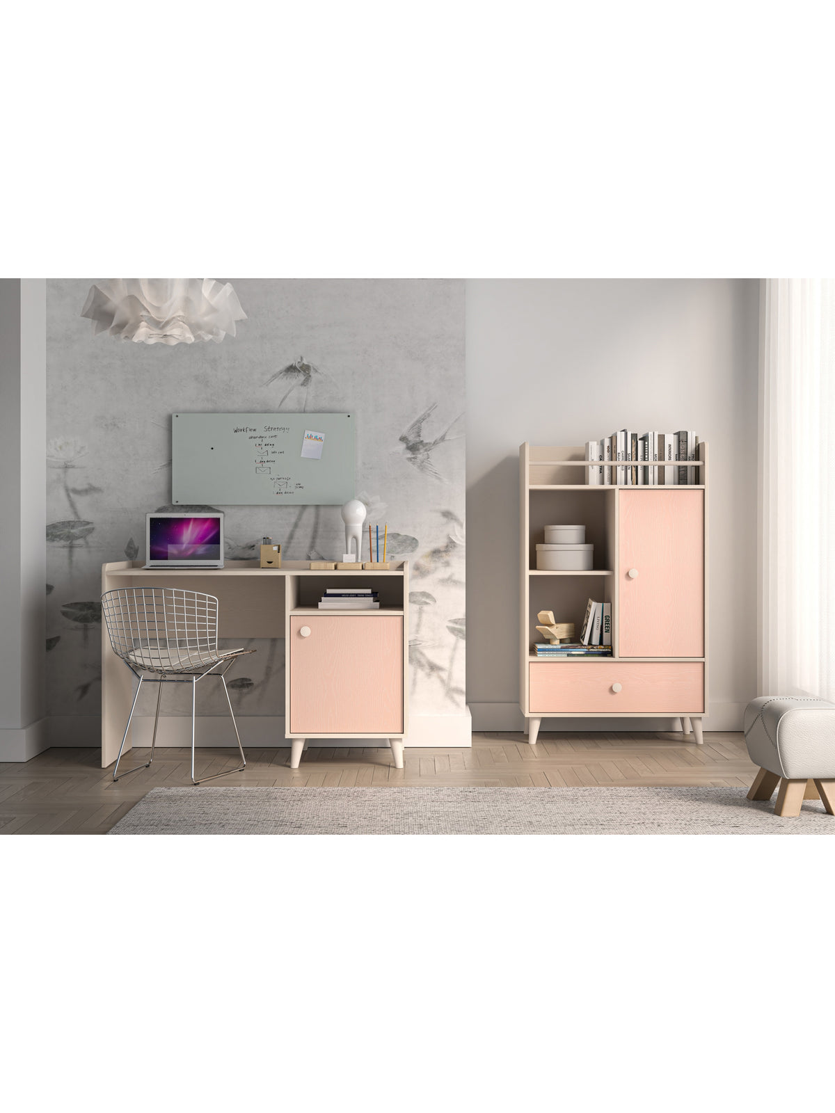 Dětský psací stůl Marla 120 cm v barvě pouštní písek s růžovým předním panelem millenial pink, boční pohled