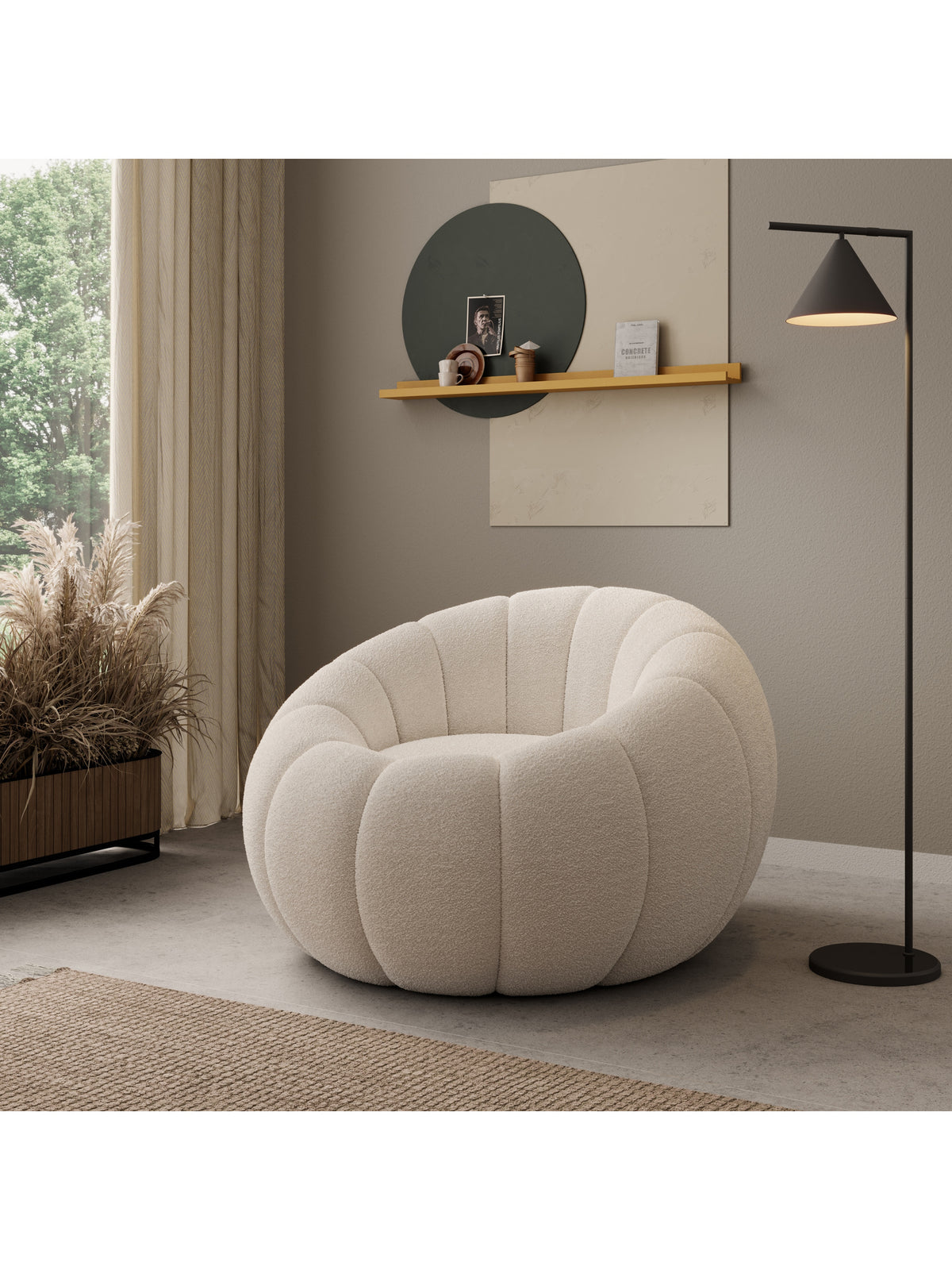 Křeslo Pares v béžovém boucle Lambi 1, moderní design, pohled zepředu