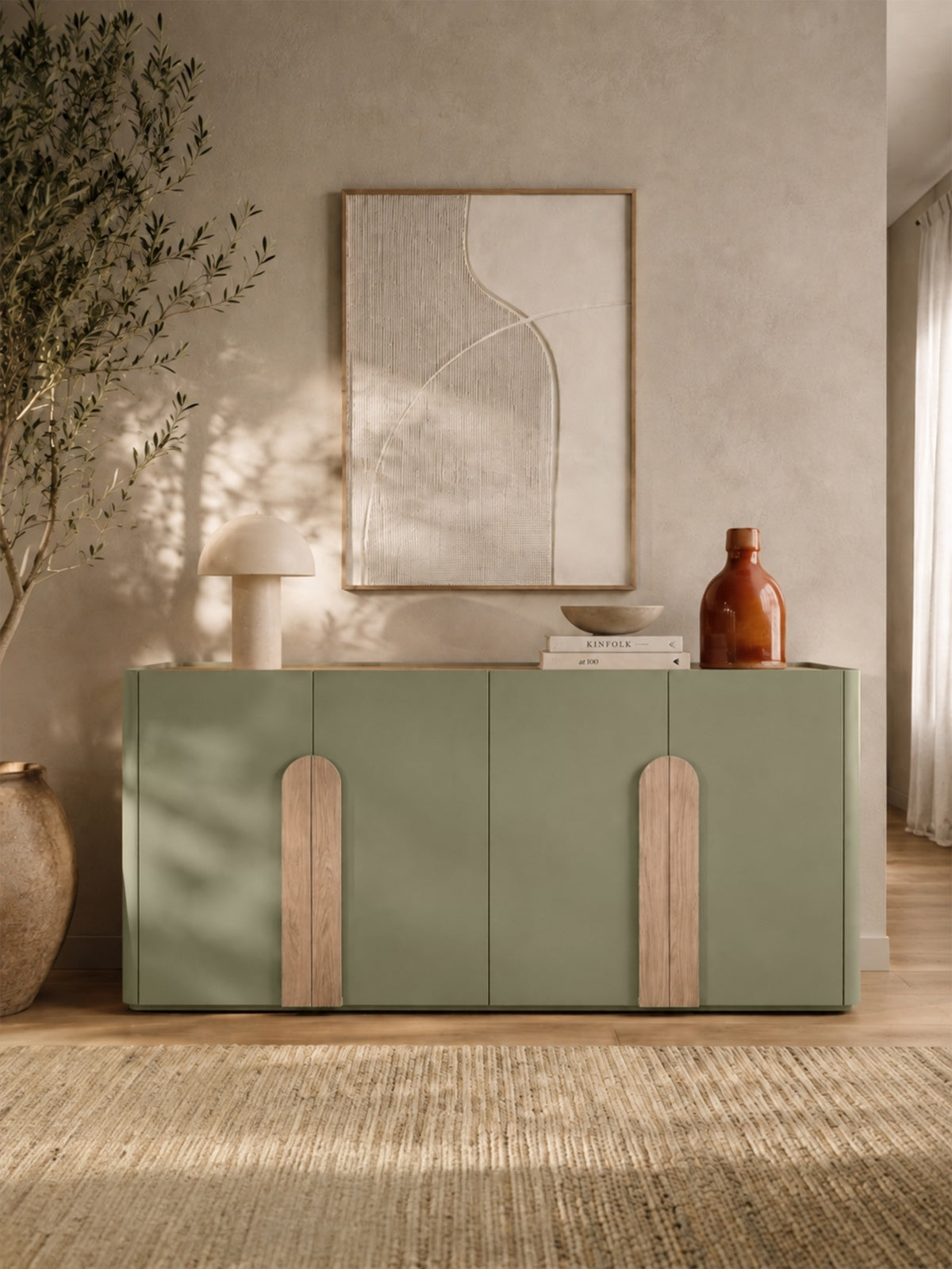 Komoda Amilio 200 cm se čtyřmi dveřmi, eucalyptus barva, dub baltic dune deska