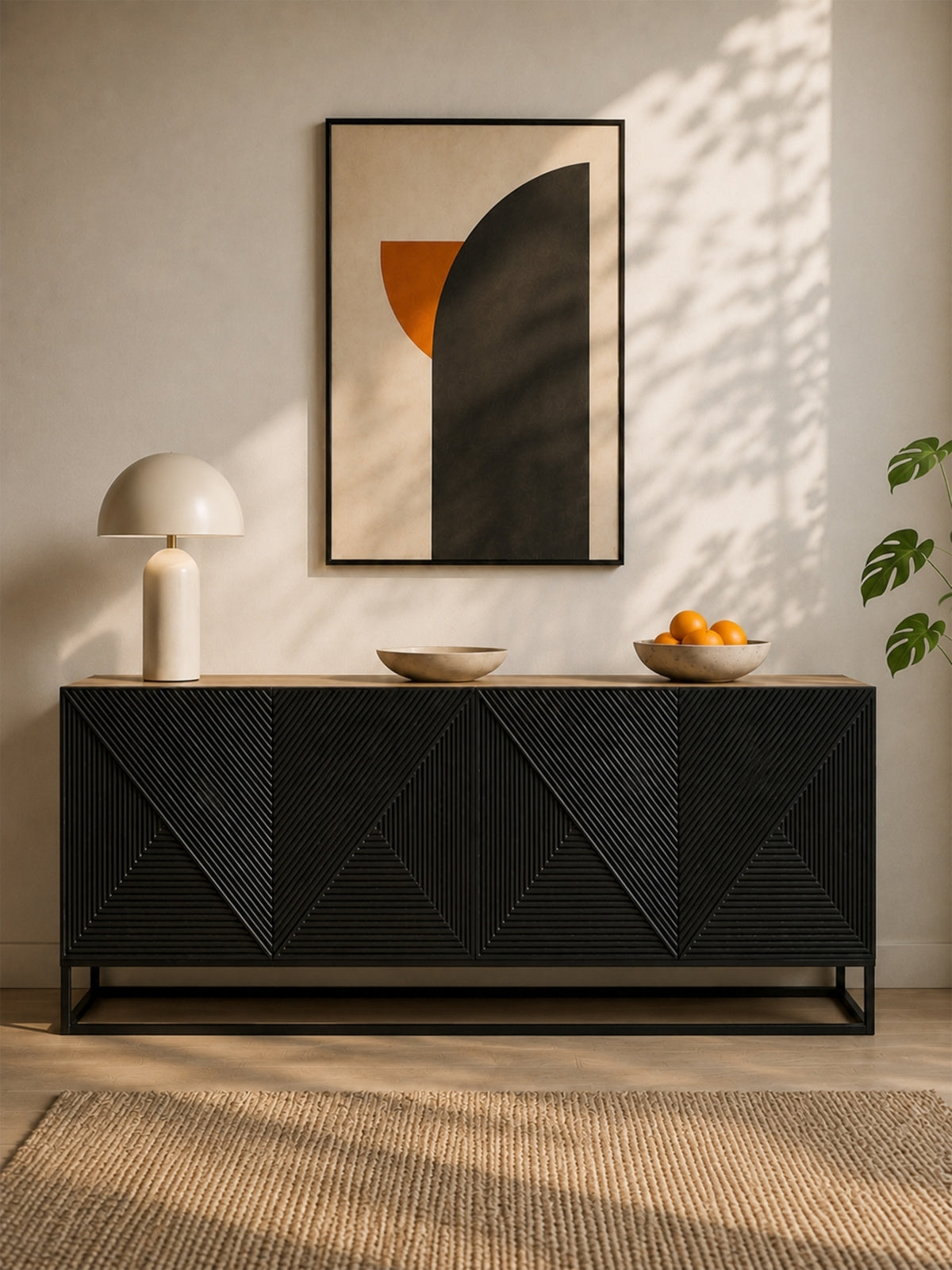 Komoda Asha 200 cm čtyřdveřová - artisan / černá mat / černá Rošt
