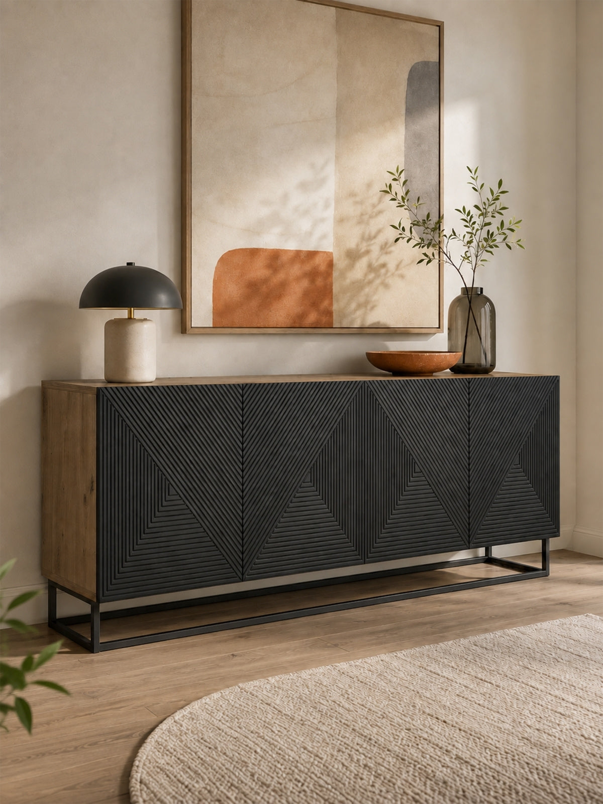 Komoda Asha 200 cm čtyřdveřová - artisan / černá mat / černá Rošt