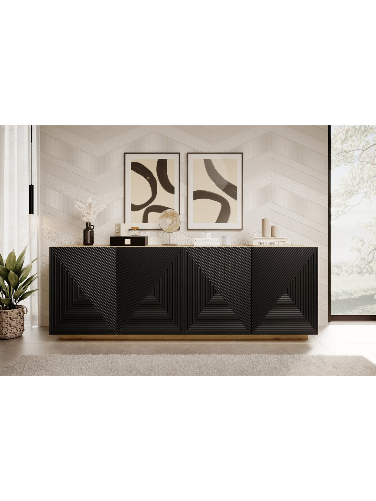 Komoda Asha 200 cm s frézovanou přední částí - artisan / černá mat