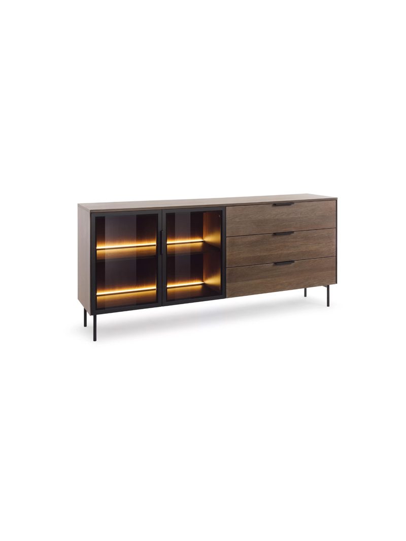 Komoda Auri 181 cm s šuplíky a LED osvětlením, dub dunin a černé nohy