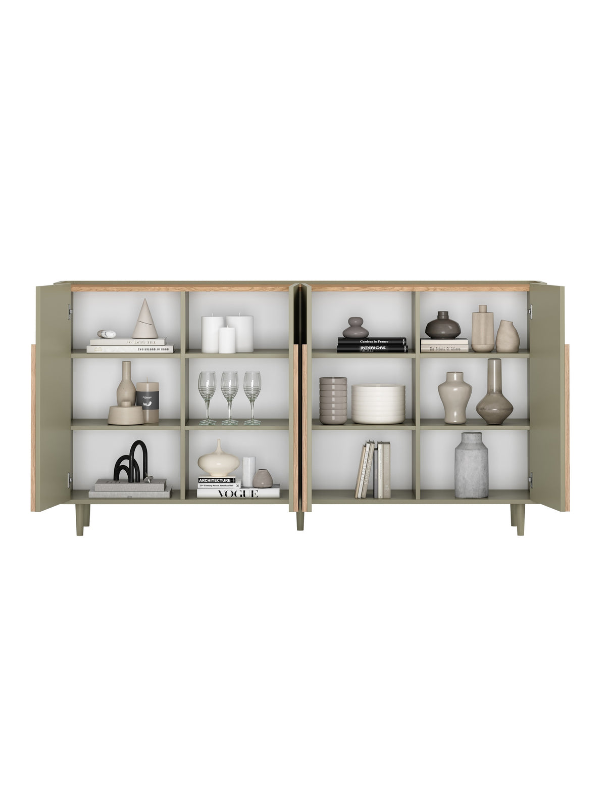Komoda Amilio 200 cm se čtyřmi dveřmi na nožkách, eucalyptus s deskou dub baltic dune