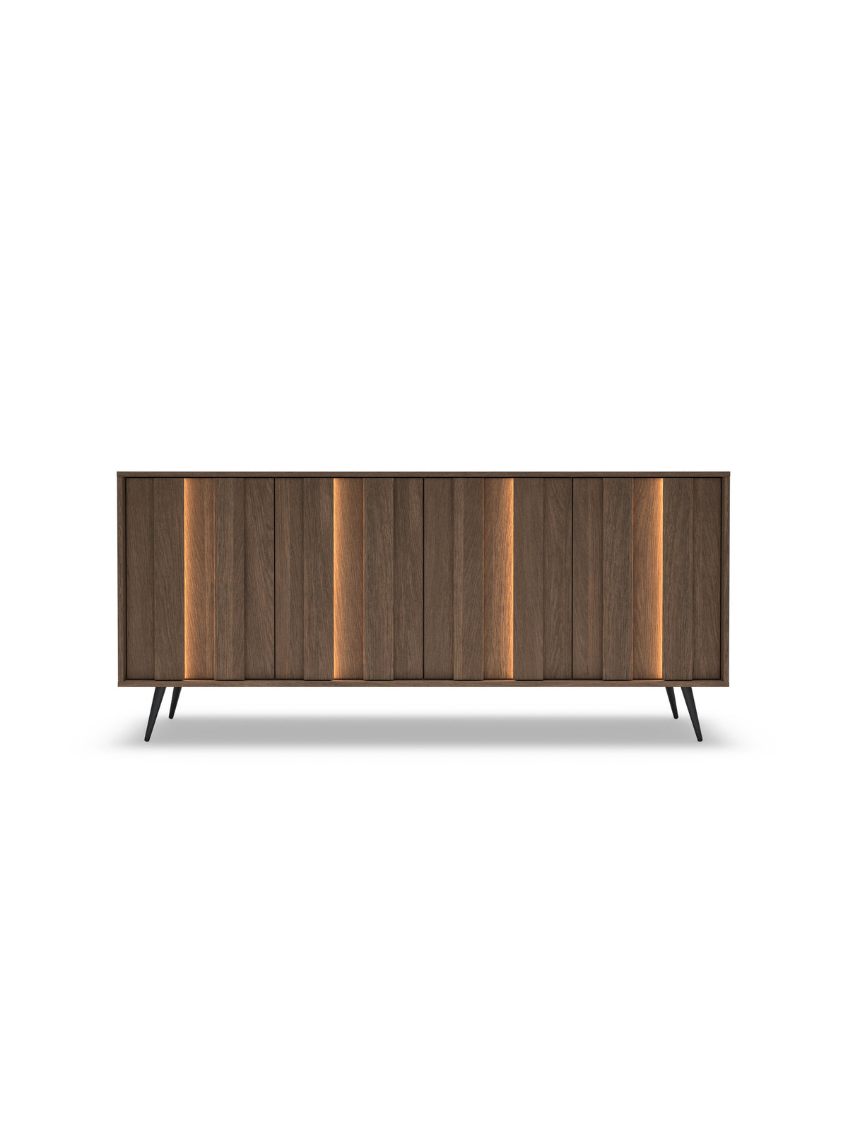 Komoda Flaro 183 cm s LED osvětlením, barva dub dunin, černé kovové nohy, moderní design