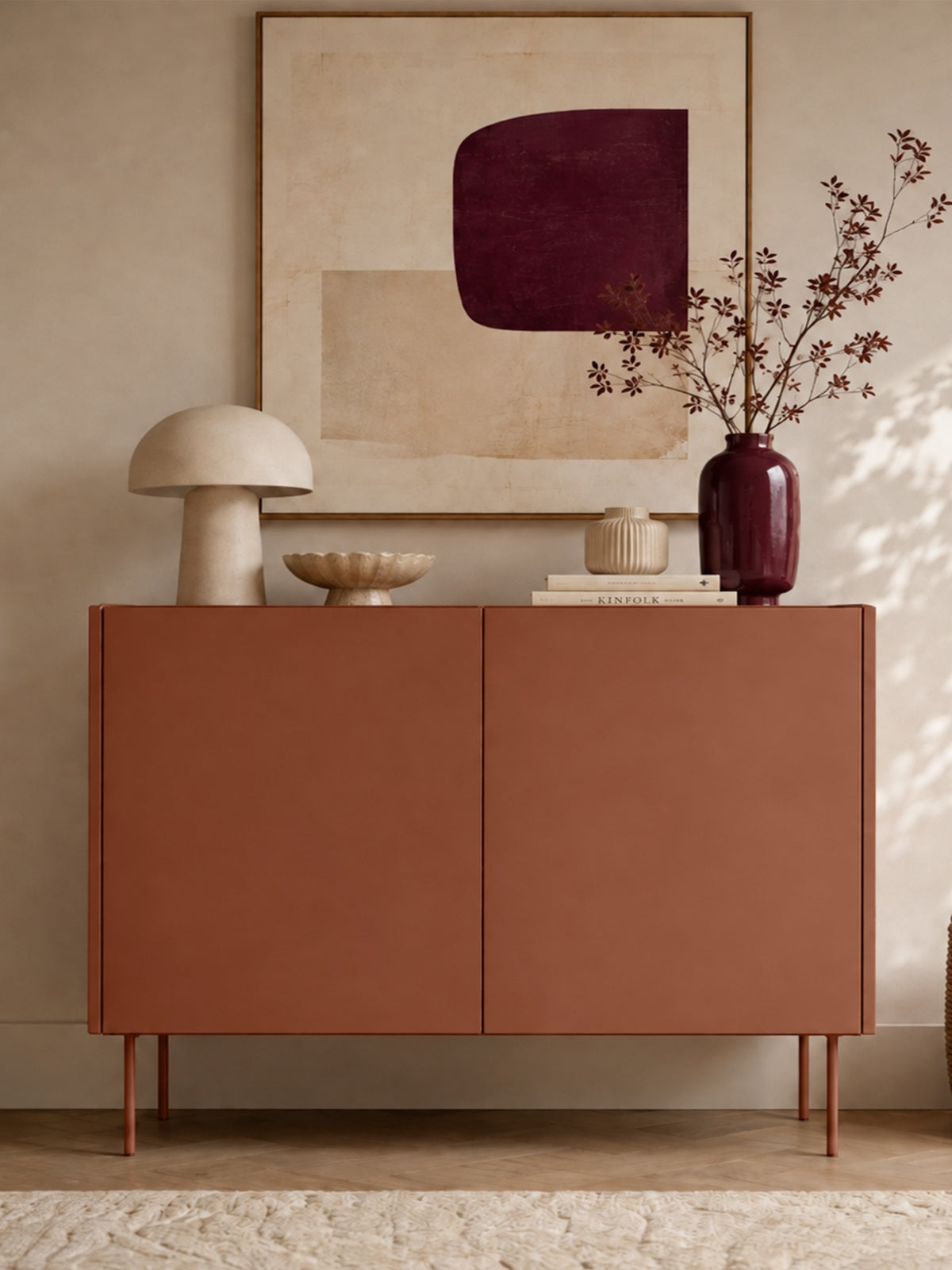 Komoda Desin 120 cm s dvěma dvířky v barvě ceramic red s deskou v dekoru dub nagano