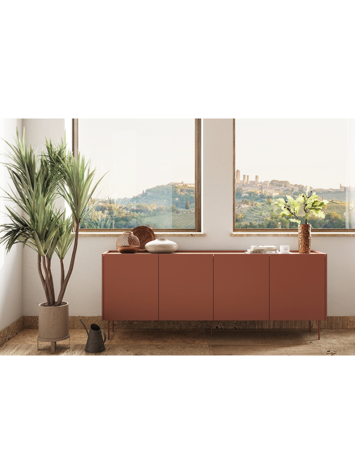 Komoda Desin 220 cm ceramic red mat z dębowym blatem i czterema drzwiami, nowoczesny design