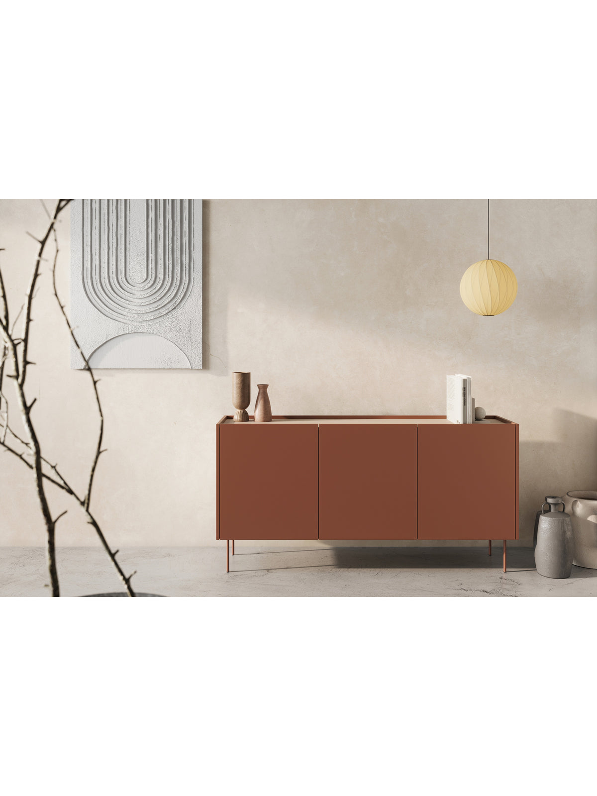 Komoda Desin 170 cm tříveřová ceramic red se dvěma skrytými zásuvkami a deskou dub nagano