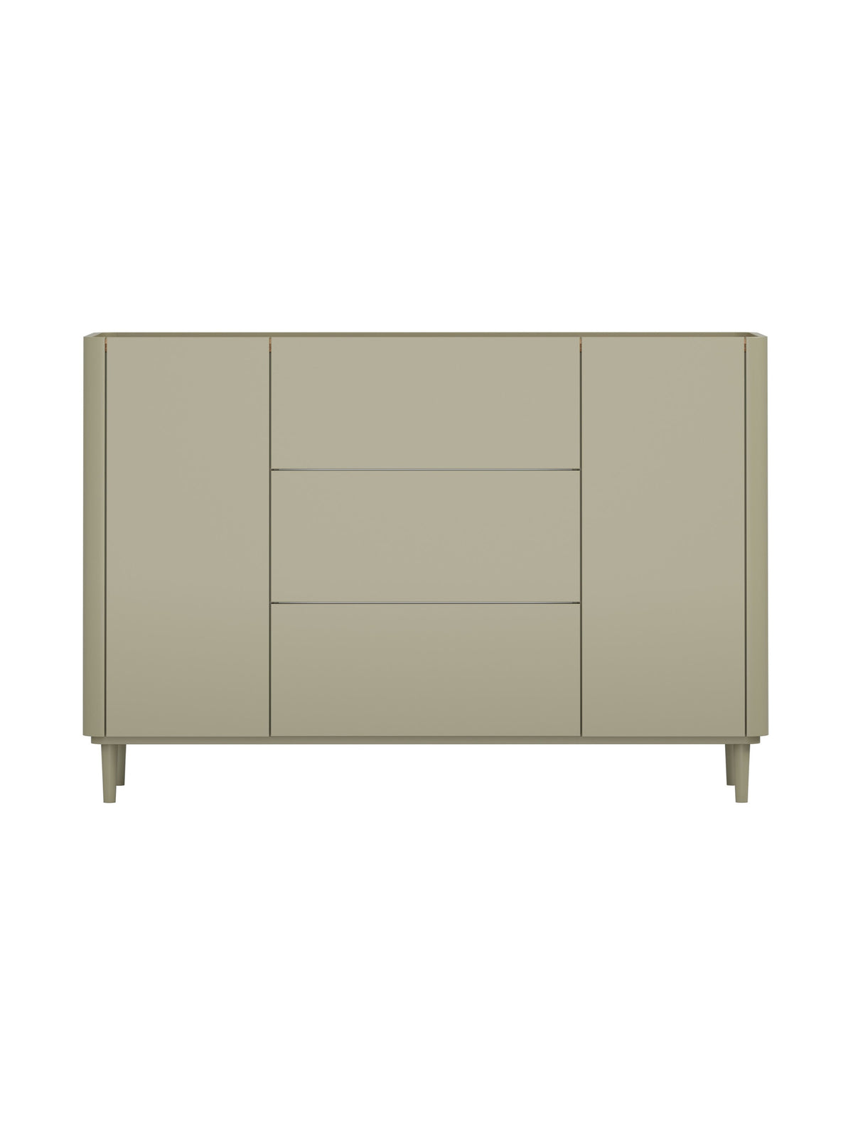 Komoda Elivo 150 cm olivově zelená se zásuvkami a nohami, deska dub baltic dune