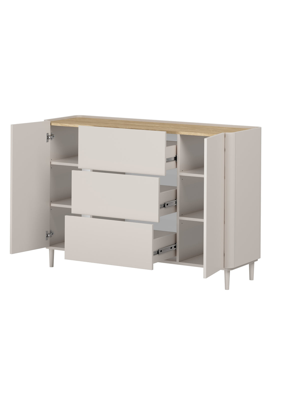 Komoda Elivo 150 cm v barvě kašmír s šuplíky a dřevěnou dubovou deskou