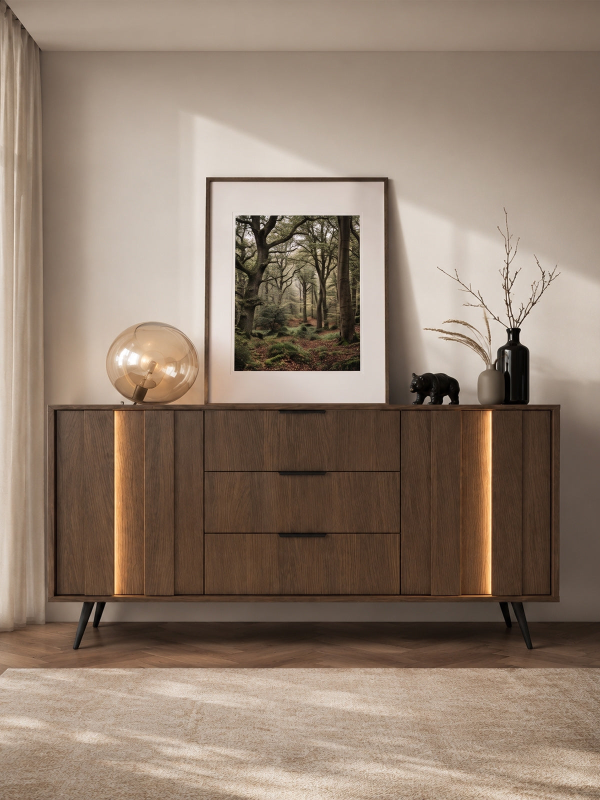 Komoda Flaro 153 cm se zásuvkami a teplým LED osvětlením, barva dub dunin