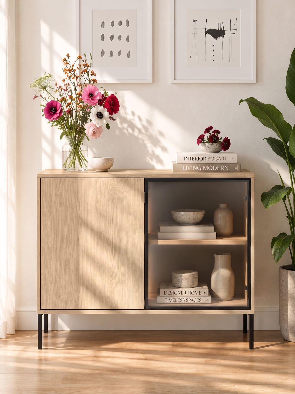 Komoda Harmona 107 cm dvoudveřová se světlem LED, dub lindberg, černé nohy