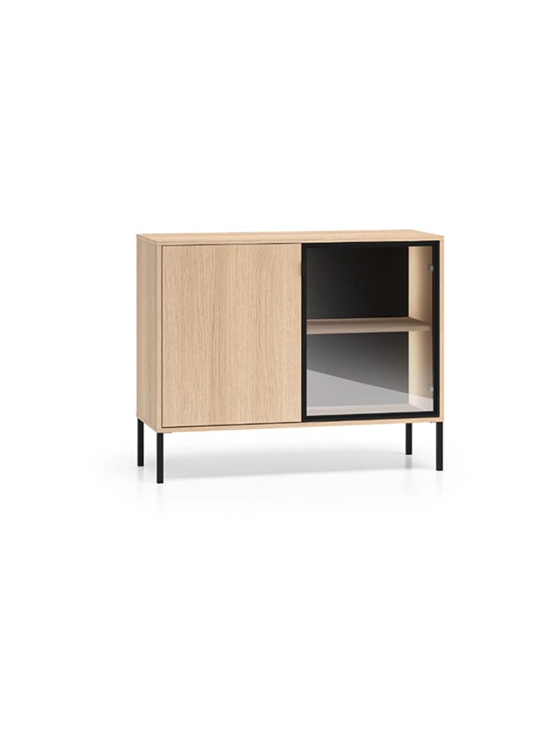 Komoda Harmona 107 cm dvoudveřová s LED osvětlením, dub lindberg, černé nohy