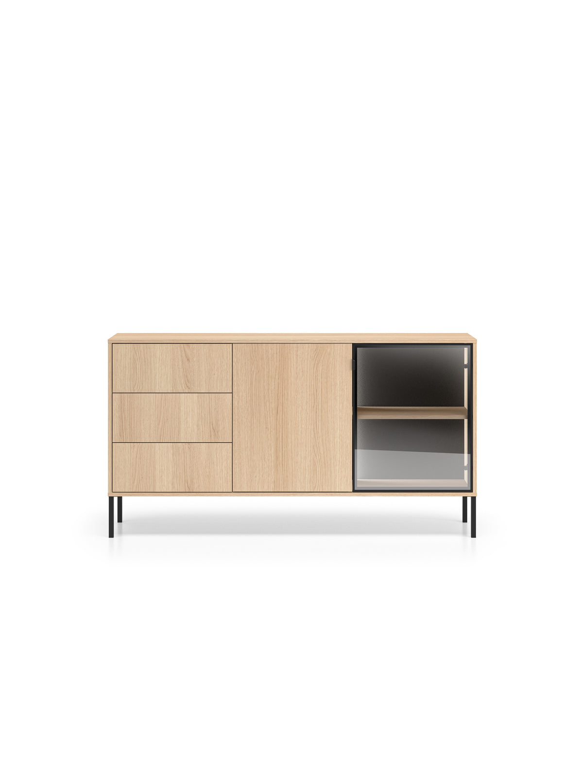 Komoda Harmona 160 cm dub Lindberg s 3 zásuvkami a osvětlením LED, přední pohled