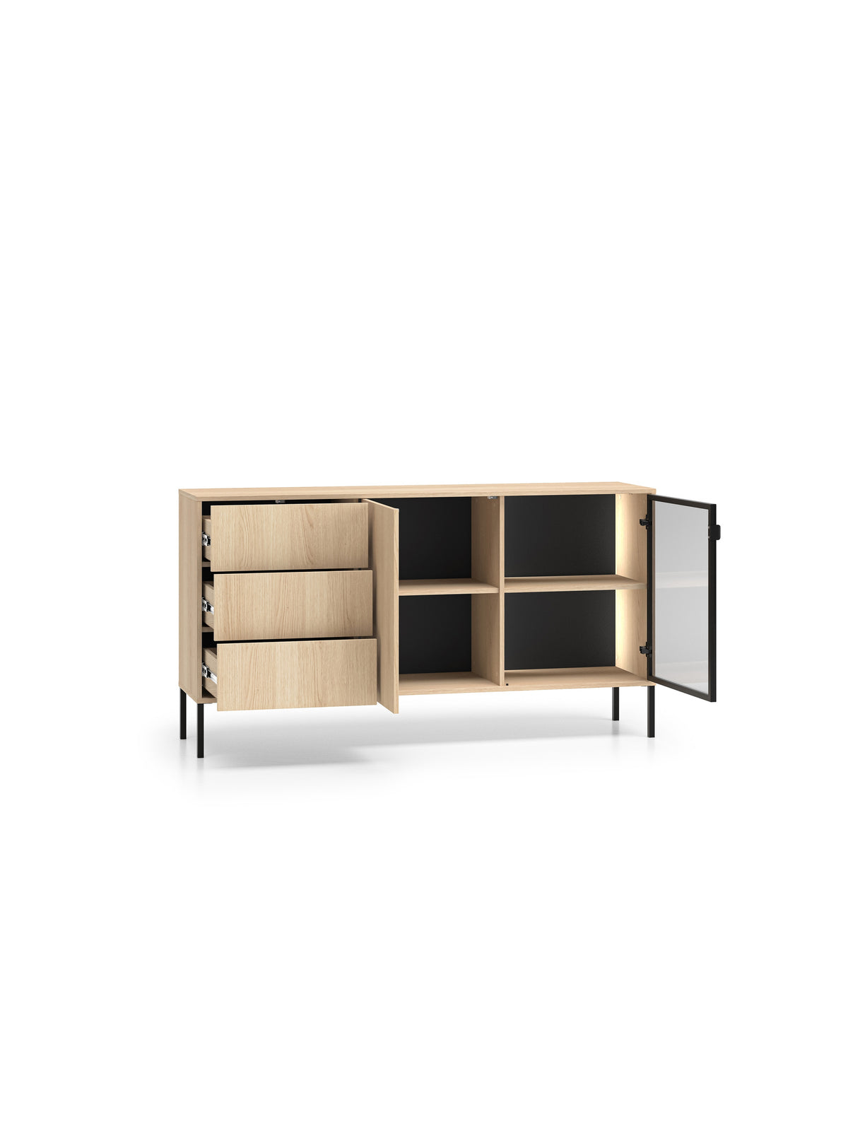 Komoda Harmona 160 cm s LED osvětlením, dub lindberg, otevřené zásuvky a dvířka