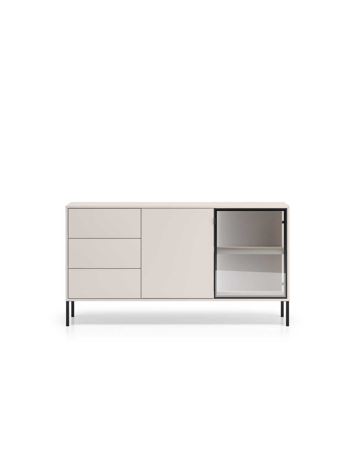 Komoda Harmona 160 cm kaszmir z trzema szufladami i oświetleniem LED, front z ramką aluminiową
