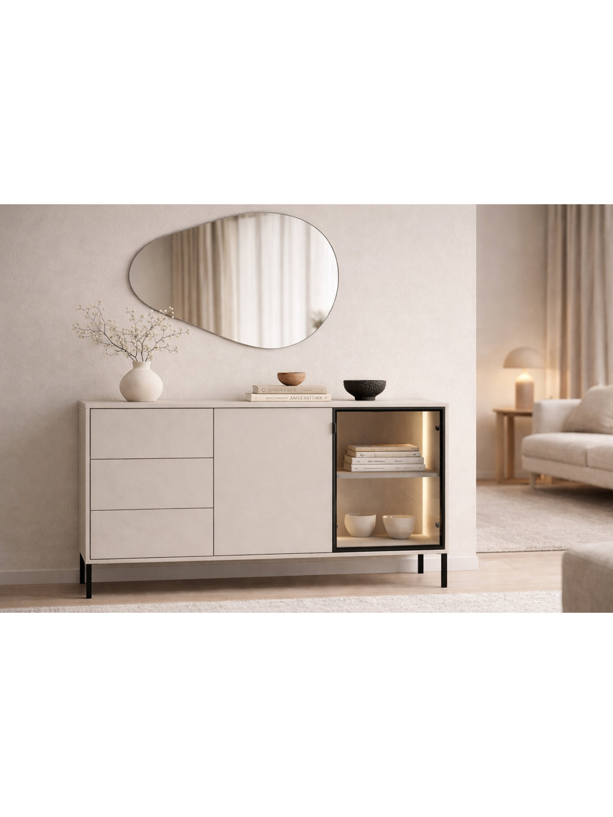 Komoda Harmona 160 cm cashmere se zásuvkami a LED osvětlením, černé nohy, pohled zepředu