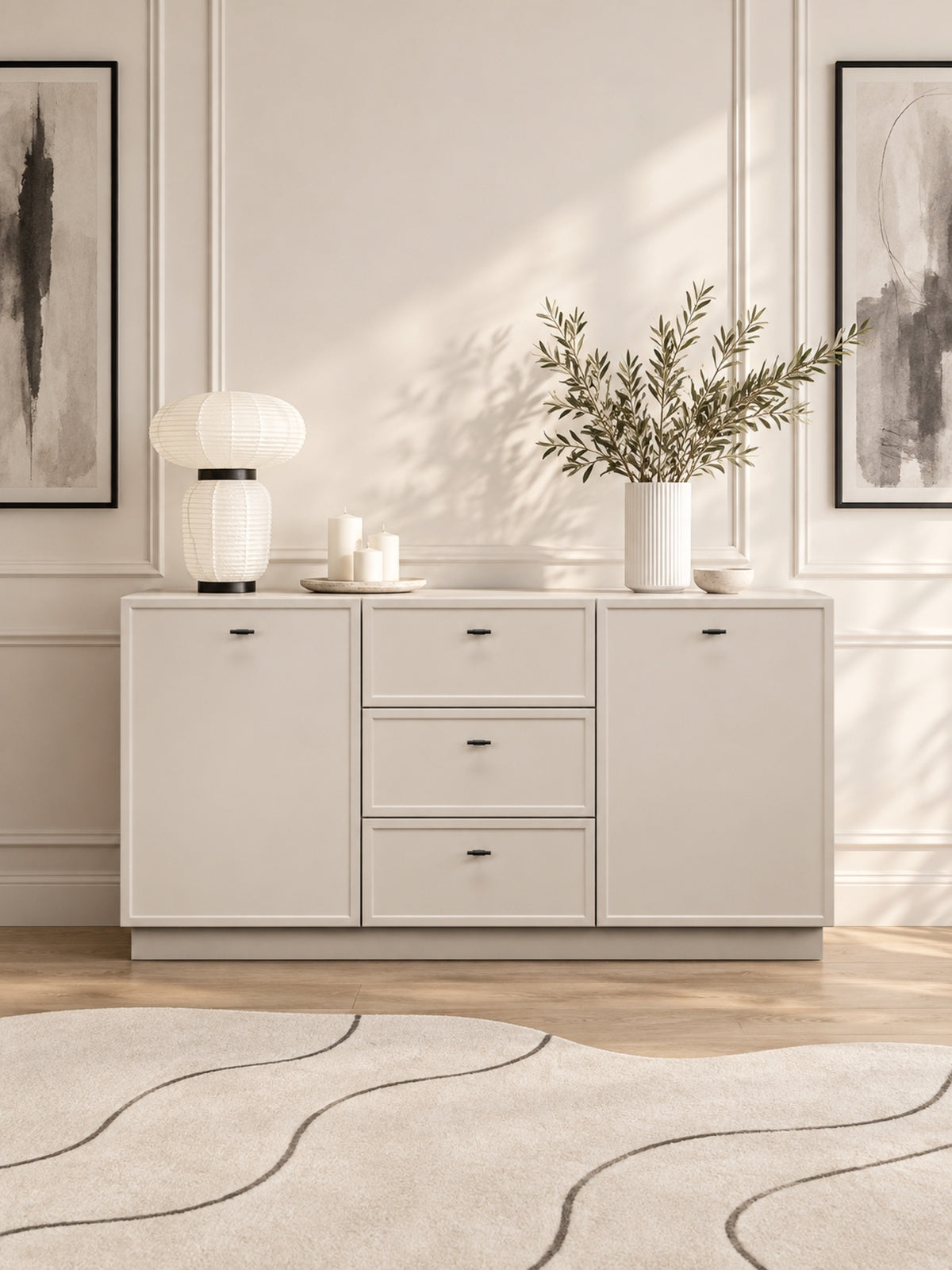 Komoda Lorini 150 cm se zásuvkami - kašmír / černá Úchytky