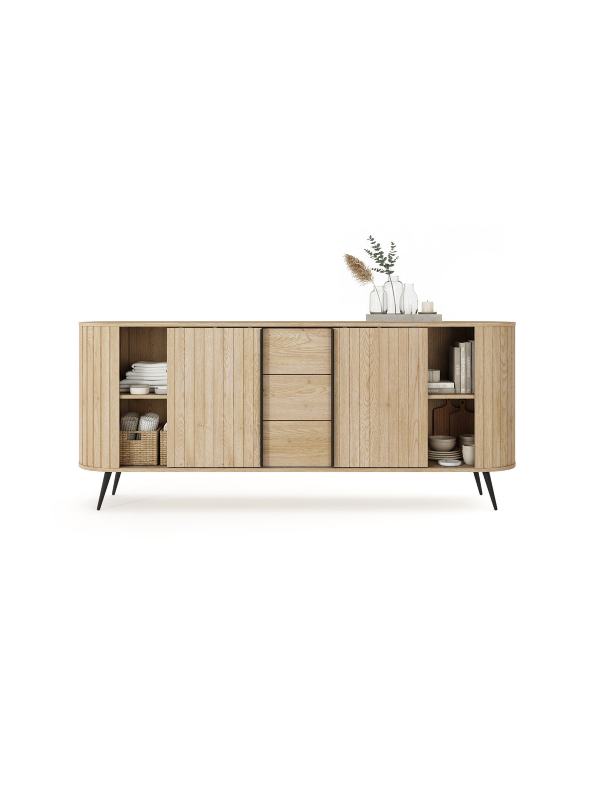 Komoda Luvio 196 cm se zásuvkami, dub cremona, černé nohy, ryhované čelo