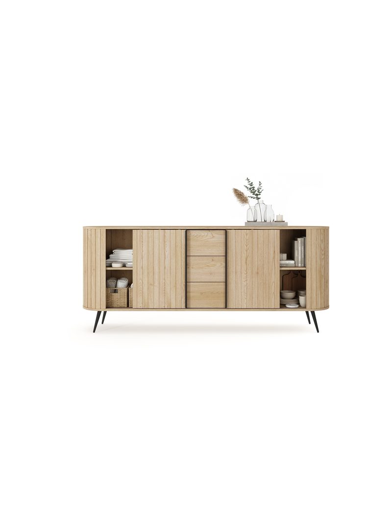 Komoda Luvio 196 cm se zásuvkami, dub cremona, černé nohy, ryhované čelo