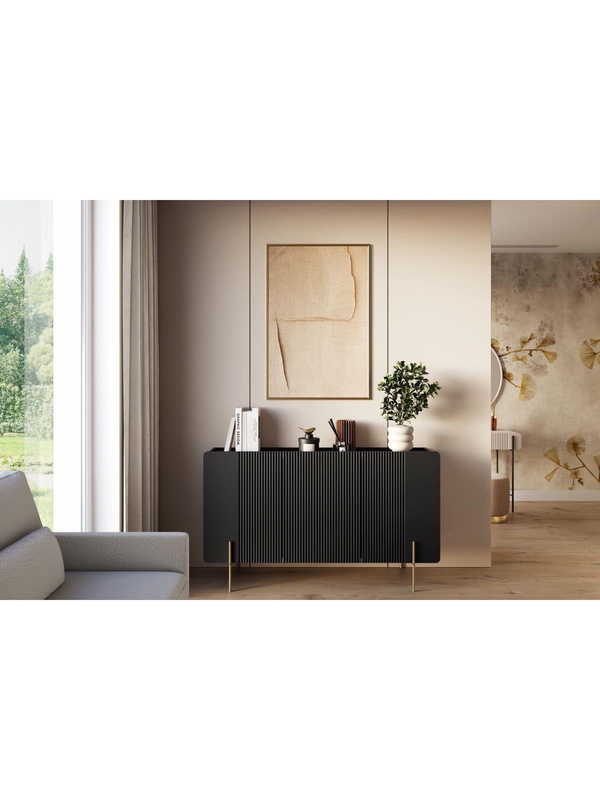 Komoda Malmi 150 cm - černá mat / zlote nozki