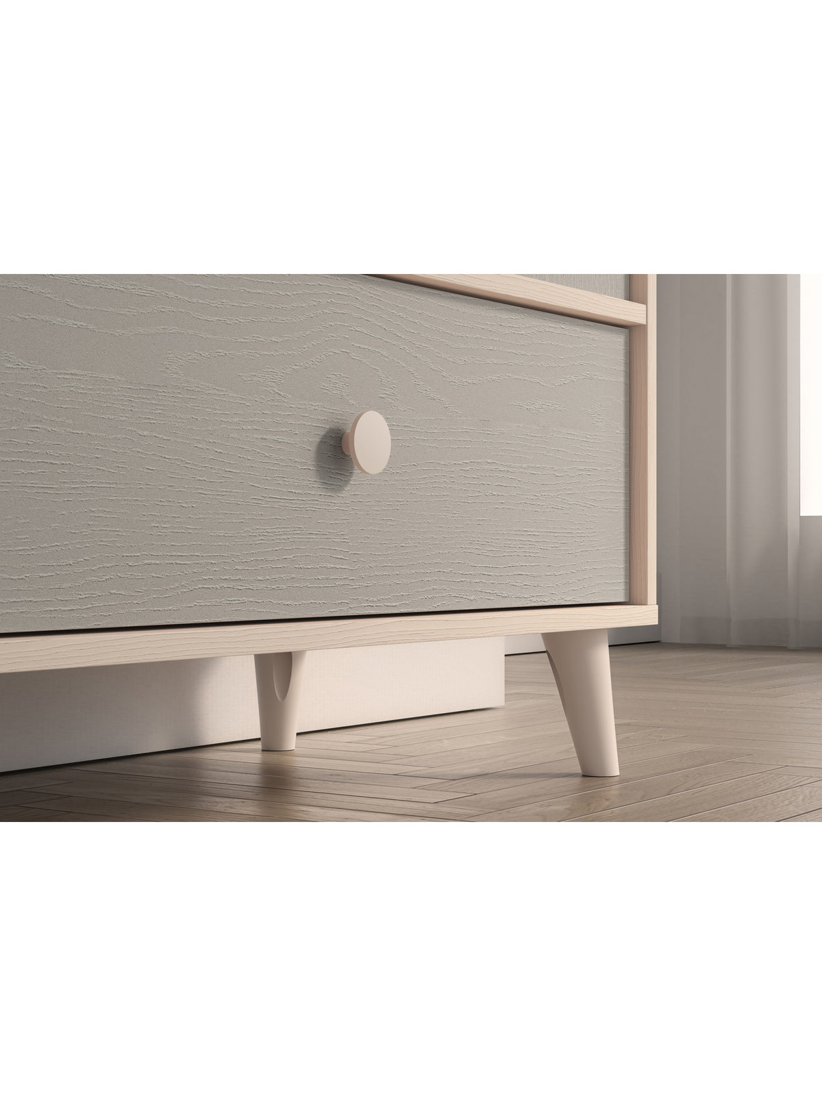 Dětská komoda Marla 80 cm v barvách desert sand a šedý pallad, detail nožiček a zásuvky