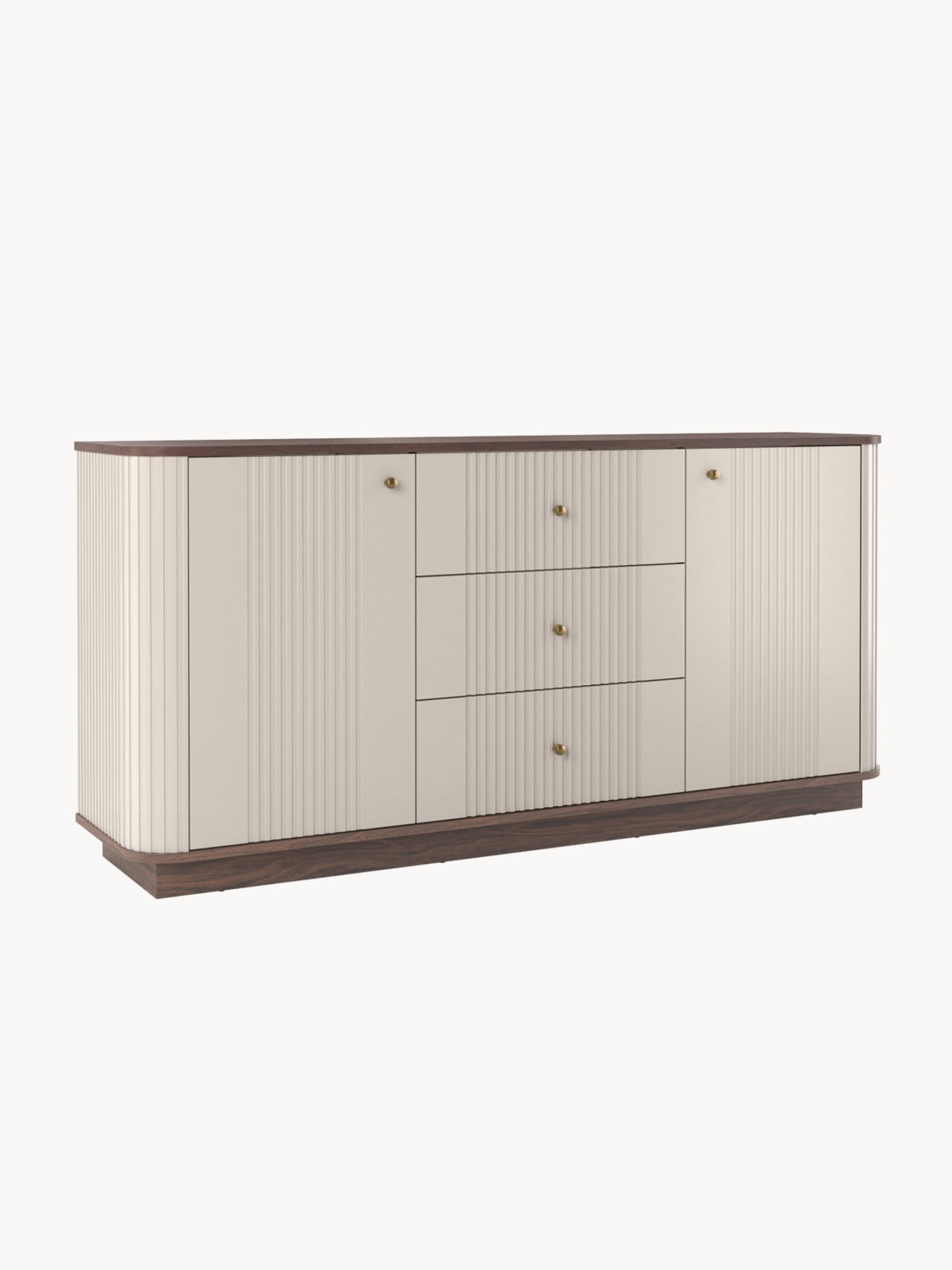 Komoda Vesper 160 cm se zásuvkami na soklu - kašmír / ořech / zlote Úchytky