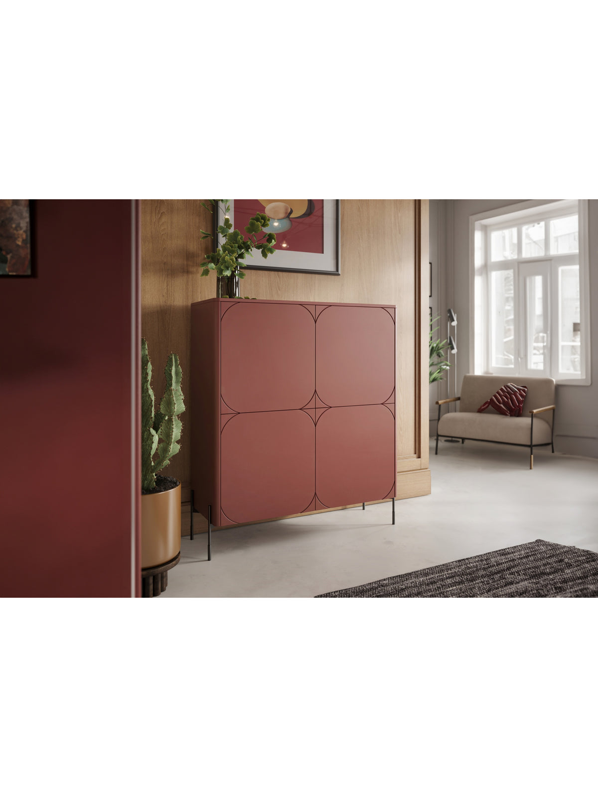Komoda vysoká Sonatia 120 cm dvoudveřová z dwoma ukrytymi zásuvkami - burgund
