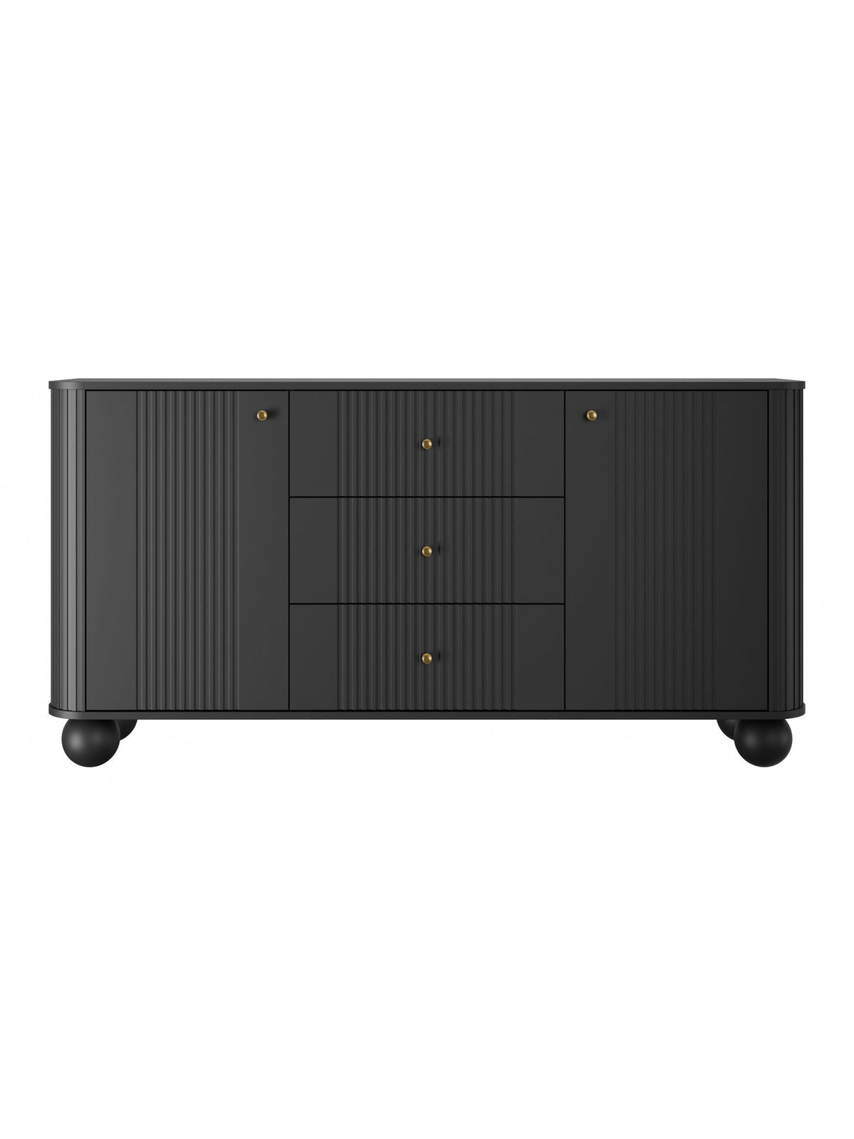 Komoda Vesper 160 cm czarna mat z ryflowanym frontem i złotymi uchwytami, nogi kule