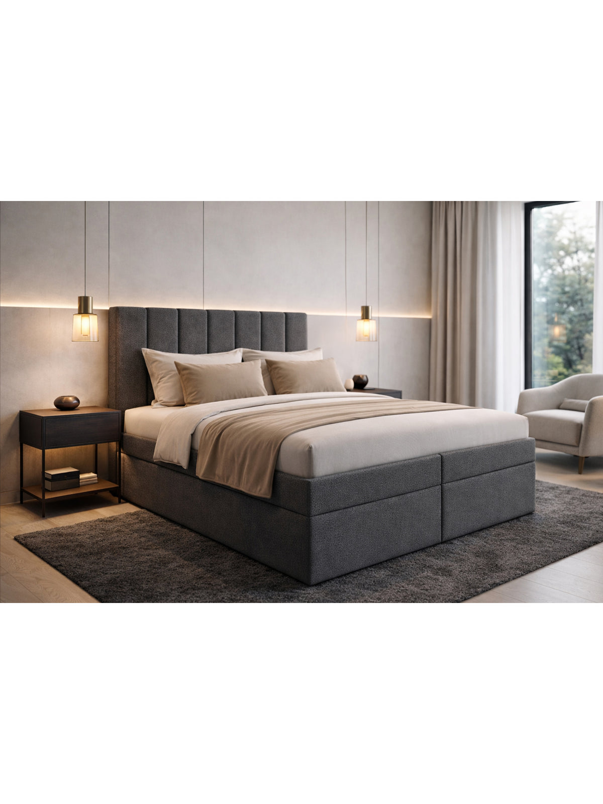 Kontinentální postel Mareli 160x200 tmavě šedá tkanina boucle s úložnými boxy z boku