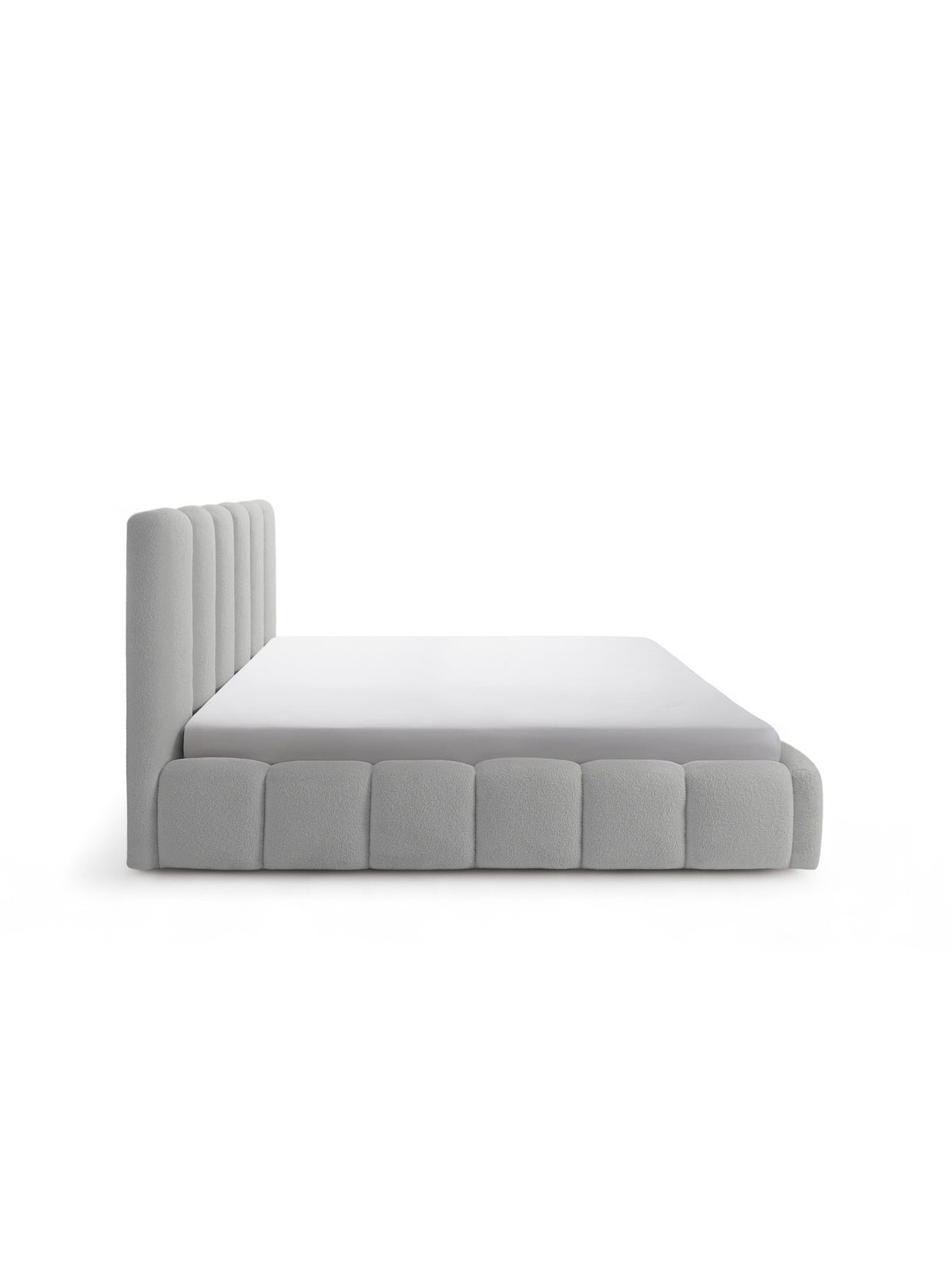 Čalouněná postel Aura 160x200 v šedé tkanině boucle pohled z boku