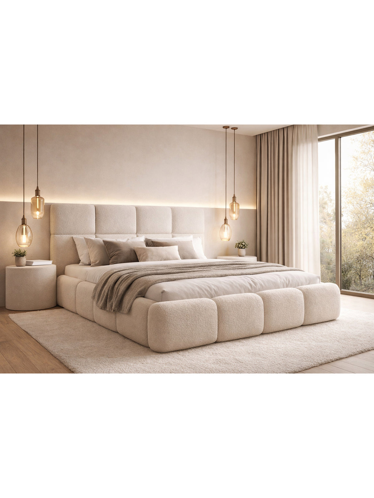 Čalouněná postel Cloud 180x200 v béžové barvě boucle Quelle 03 s úložným prostorem, pohled na čelo postele