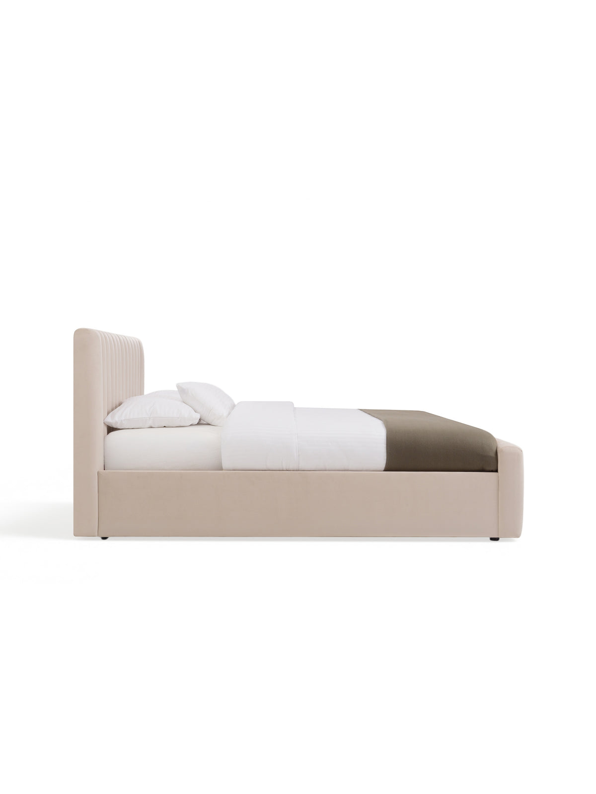 Čalouněná postel Livani 180x200 s úložným prostorem, boční pohled, světlá látka
