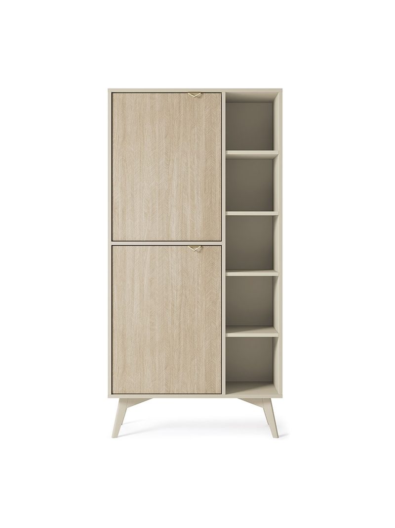 Regál Lumira 80 cm se dvěma dveřmi v písečné barvě s designem jodełka scandi a zlatými úchyty