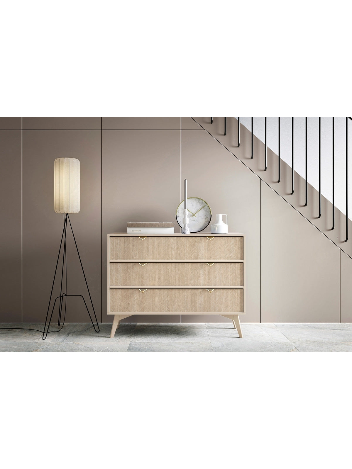 Komoda Lumira 106 cm w stylu scandi z trzema szufladami, piaskowy korpus i jodełka frontu