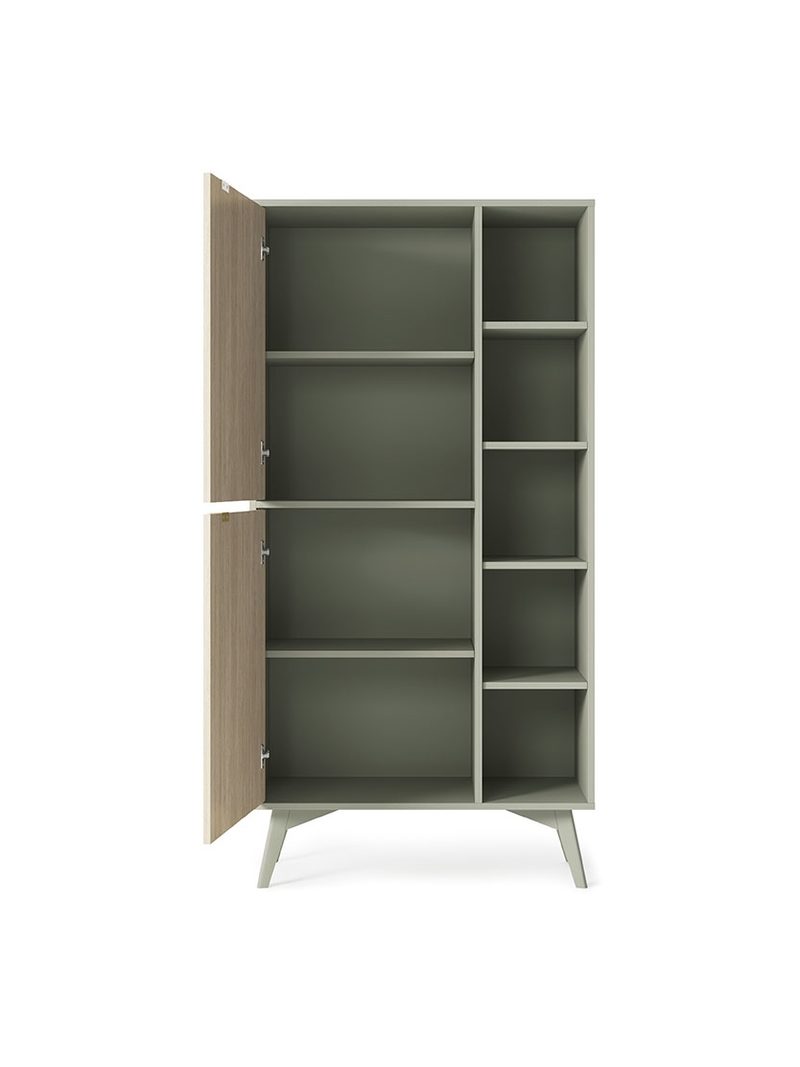 Regál Lumira 80 cm dvoudveřový eukalyptus s čelem skandi rybí kost otevřený