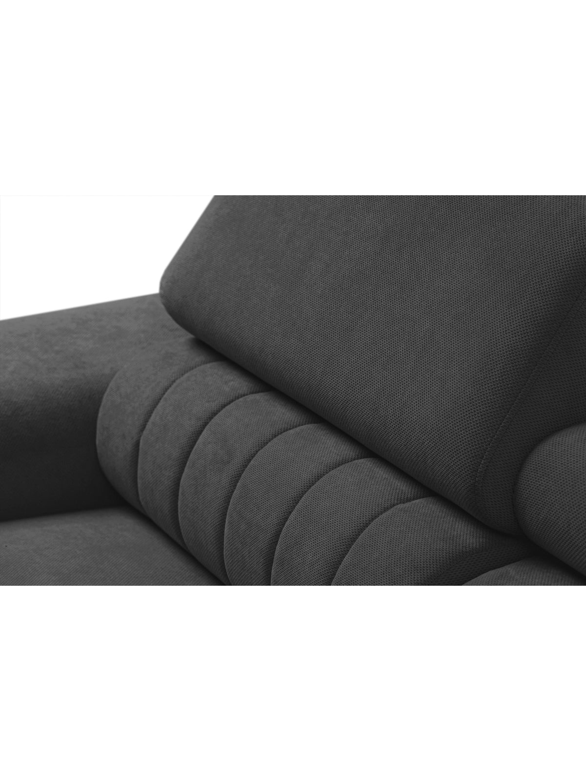 Detail levý roh sedací soupravy Monrose Mini v šedém plyši Pretty 21 s prošíváním