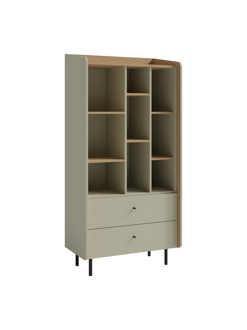 Otevřený regál Fiorenza 80 cm olivový s eukalyptovými předními deskami a dvěma zásuvkami