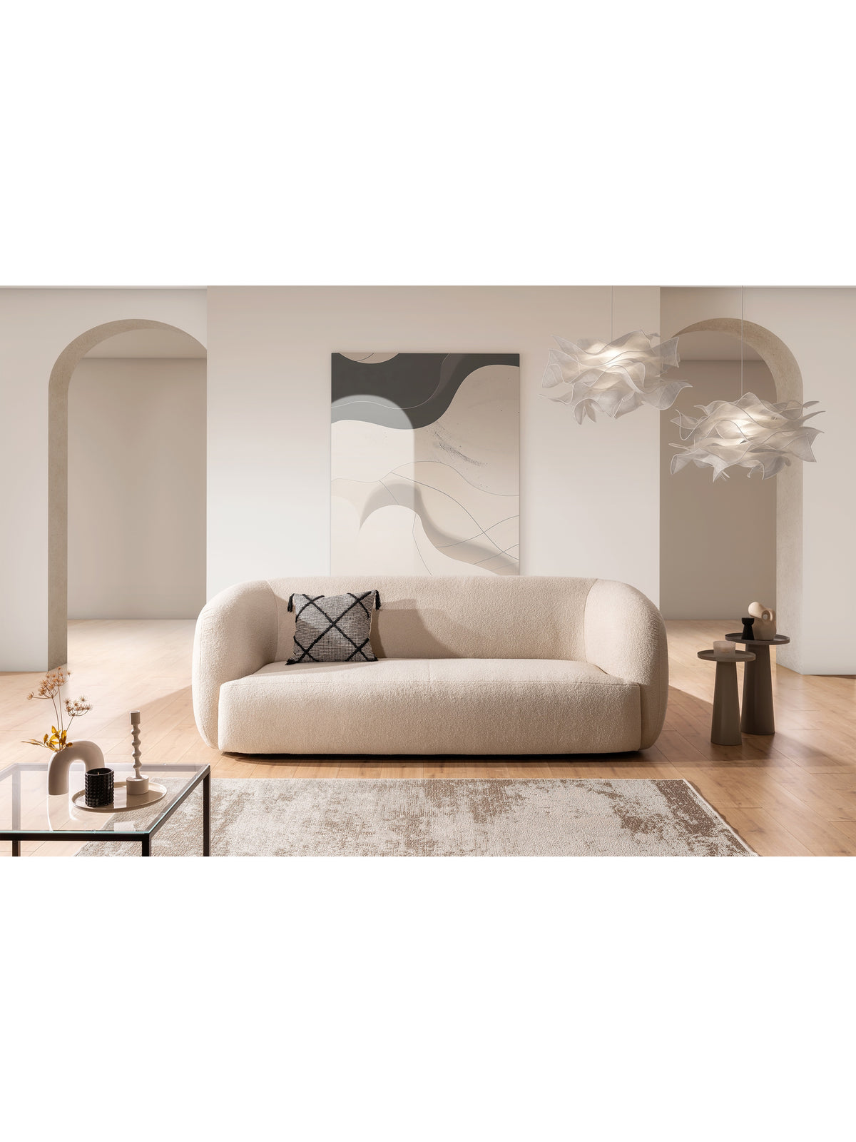 Třímístná pohovka Dalin III v béžové barvě boucle Lambi 5 moderní styl