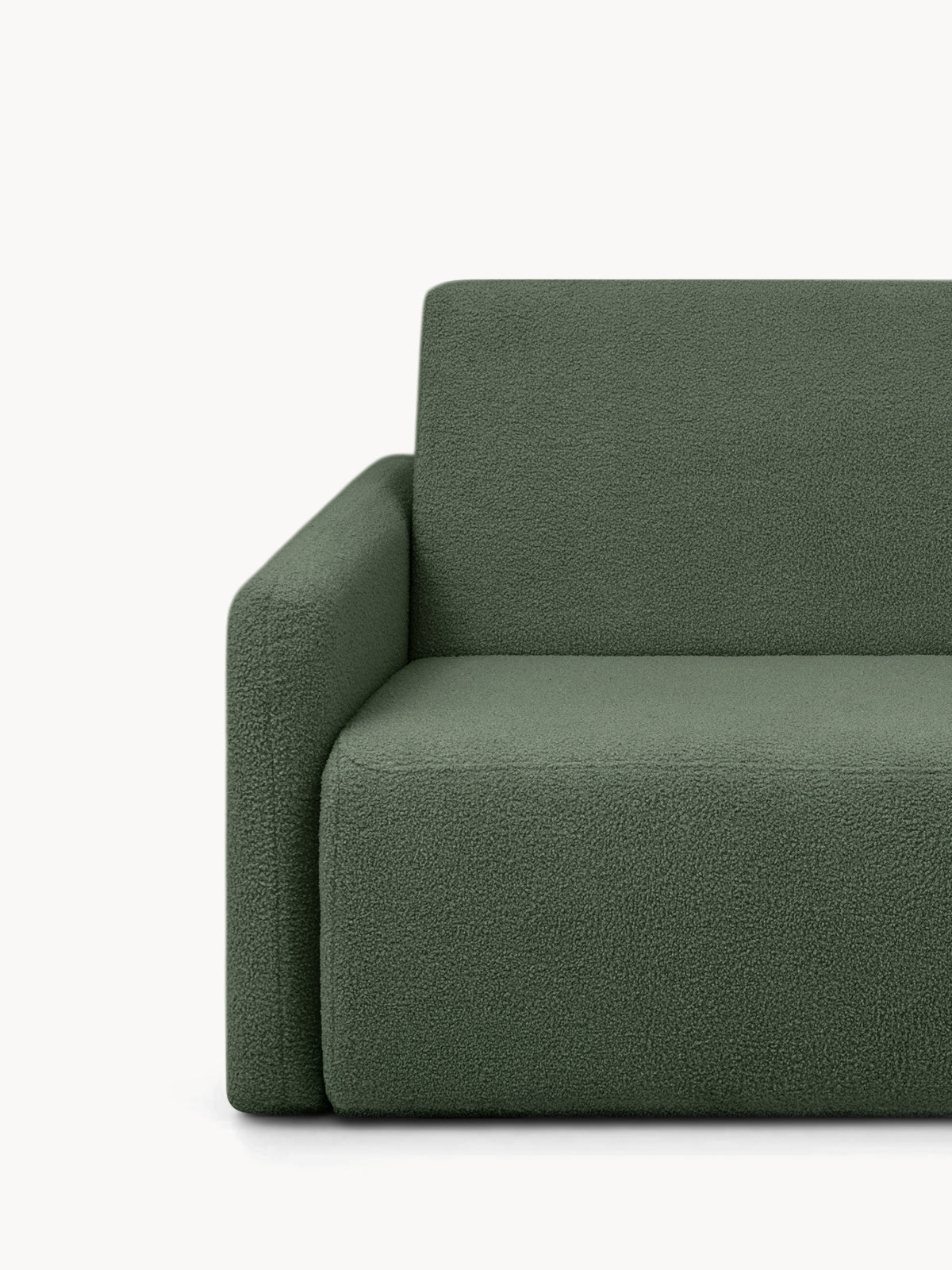 Rozkládací pohovka Nido 120 cm zelený boucle, detail levého opěradla a sedáku